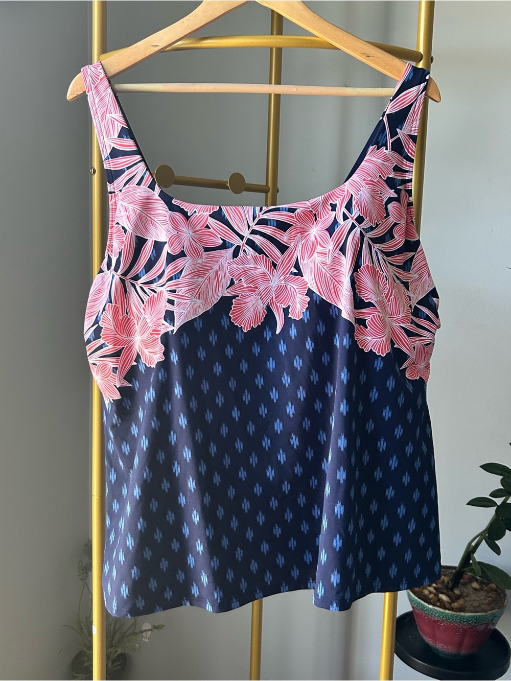 Lands' End Women Underwire Blouson Pink Blue Tankini Swim Top 24W Gingham Floral